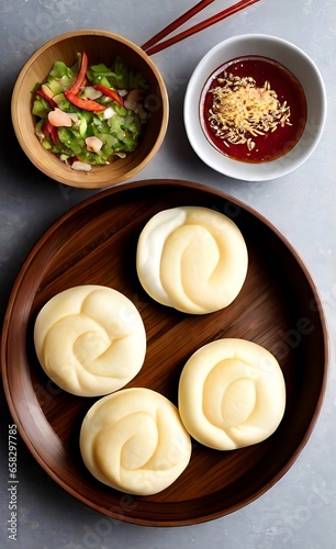 Steamed asian buns in the wooden plate