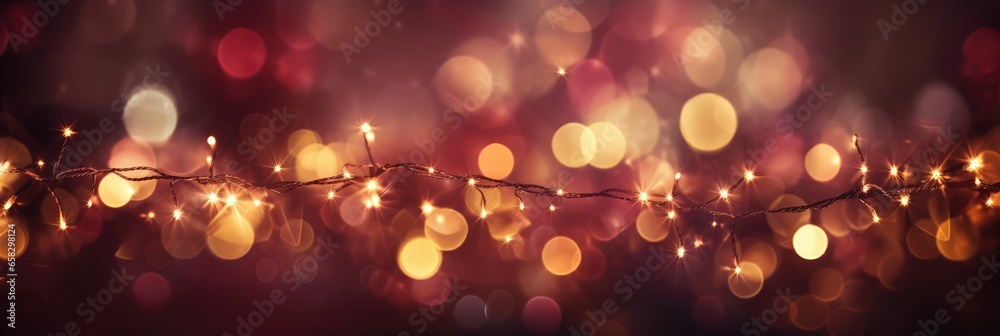 Holiday illumination and decoration concept - christmas garland bokeh lights over red, burgundy or wine shaded background banner, stars, baubles and decoration for x-mas