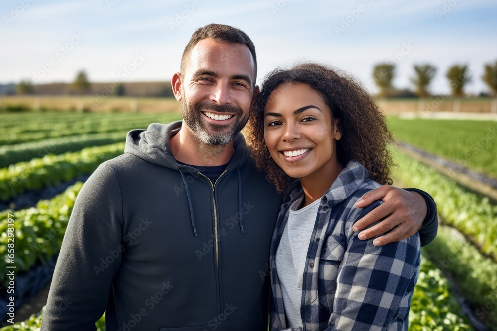 a happy couple in the cultivated field posing in front of the camera