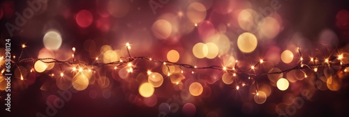 Holiday illumination and decoration concept - christmas garland bokeh lights over red, burgundy or wine shaded background banner, stars, baubles and decoration for x-mas