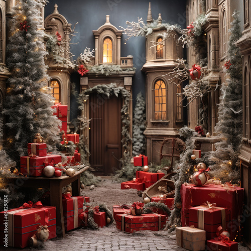 A large beautiful room decorated with gifts for Christmas. Holidays.