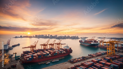 Aerial view of international port, Logistics and transportation of International Container Cargo ship at sunset, twilight sky, Freight Transportation. ai generative