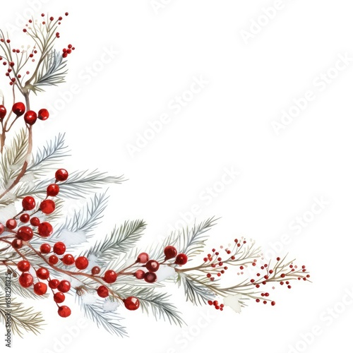 Winter background. Watercolor, Christmas tree branch, red berries, hand drawing. Abstract art design for wallpaper, mural, cover, wedding and invitation card