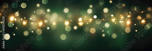 Holiday illumination and decoration concept - christmas garland bokeh lights over green shaded background banner, stars, baubles and decoration for x-mas