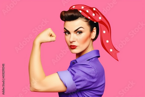 Women’s Equality  Strong powerful hispanic woman on a pink or purple feminist banner. Woman's day., Woman's march, woman's history month. We Can Do It. Woman fist symbol of female power