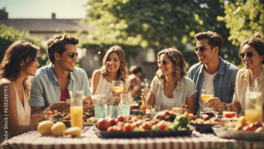 Happy family and friends having a picnic barbeque grill in garden, Enjoy party. ai generative