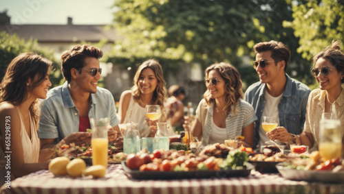 Happy family and friends having a picnic barbeque grill in garden  Enjoy party. ai generative