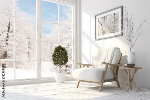 White room with armchair and winter landscape in window. Scandinavian interior design. 3D illustration. generative ai.