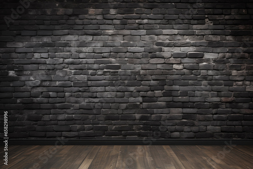 Empty indoor rough black brick wall with wooden floor. Loft room interior. Copy space