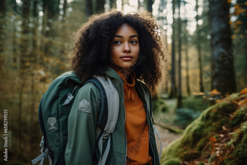 Young multiethnic woman hiking in the woods