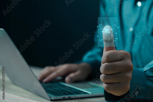 Businessman's fingerprint scanning biometric, ID, finger, identity, access, data, digital, scan, touch, lock, protection, control, security, human, privacy, Security Access with Biometric Identificati