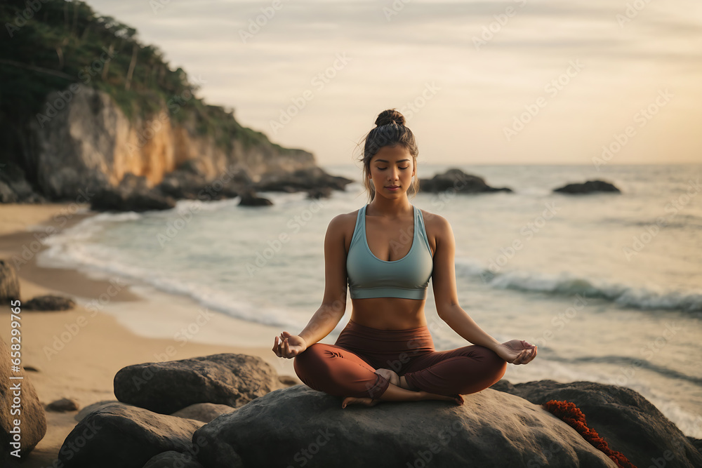 A young woman meditating on a rock at the seashore on the beach, practicing mindfulness and focused breathing to improve her mental well-being.
