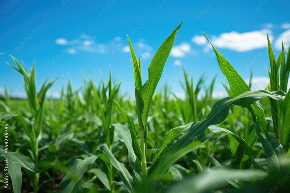 A close-up of lush green biofuel crops, such as corn or sugarcane, used for sustainable energy.
