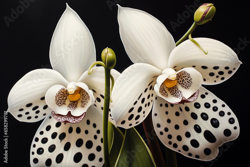 Beautiful spotted white orchid flowers on black background. Close-up photo shot. Generative AI photo