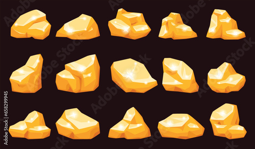 Gold nuggets. Precious yellow metal. Expensive precious gold stones. Vector illustration