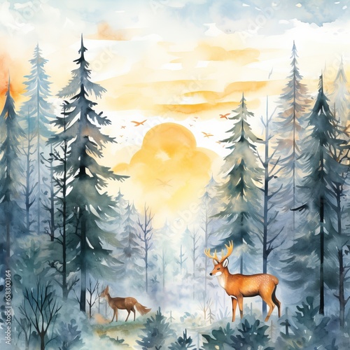 pattern of pine forest covered with snow  wild animals and bright morning sun