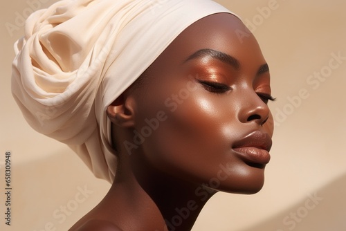 Portrait of a Beautiful african american woman with dark skin and natural make-up photo