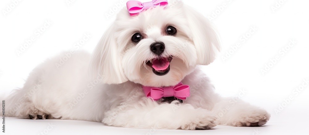 White bichon maltese displaying open mouth and bowing neck White bichon maltese displaying open mouth and bowing neck
