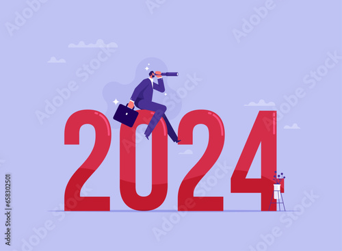 Economic forecast or future vision concept, year 2024 outlook, business opportunity or challenge ahead, year review or analysis concept, confidence businessman with telescope ride on year 2024