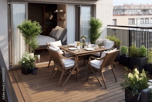 Table outdoor for dinner . Exterior design of a cozy Scandinavian outdoor relaxation space on an apartment balcony with comfortable chairs, table, outdoor plants and beautiful city view. 3d render