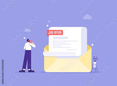 Job offer or job opportunity to be promoted or new position for higher salary, employment and recruitment concept, man employee with receiving mail with job offer