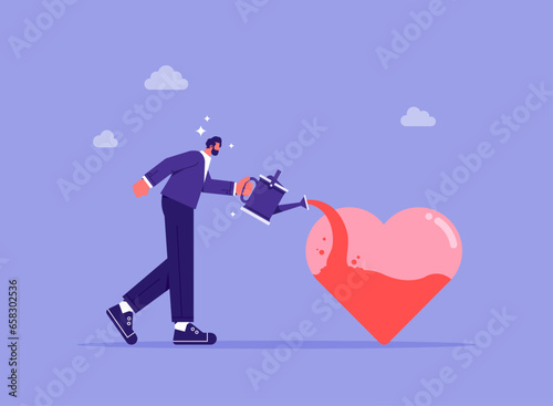 Mindset or attitude to work in we love to do concept, work passion, motivation to success and win business competition, businessman pouring water to fulfill heart shape metaphor of passion