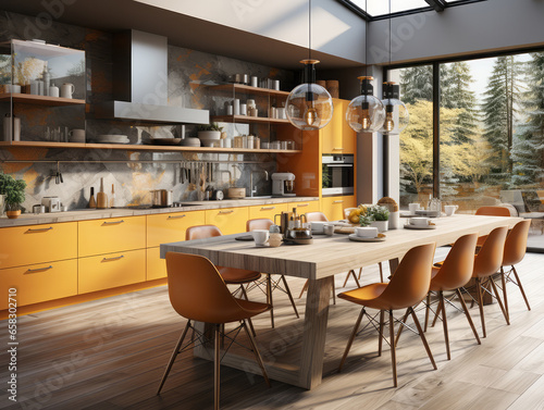 Stylish kitchen interior with bright colors and open shelves.