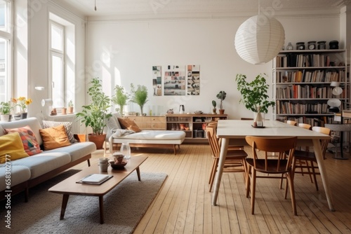Scandinavian apartment with retro details. Interior of living room with green houseplants and sofas