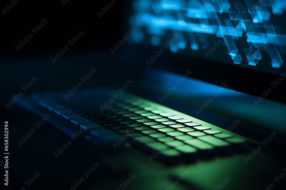 Glowing monitor and keyboard, digital technology, cyber security. 