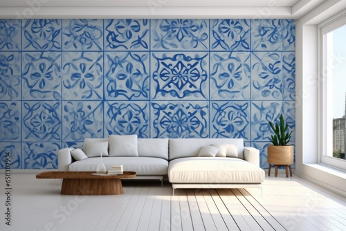 Original minimalistic design of room with portugal pattern. Incredibly beautiful 3D rendering of a living room design with azulejo elements and nostalgic notes of Portuguese culture. photo