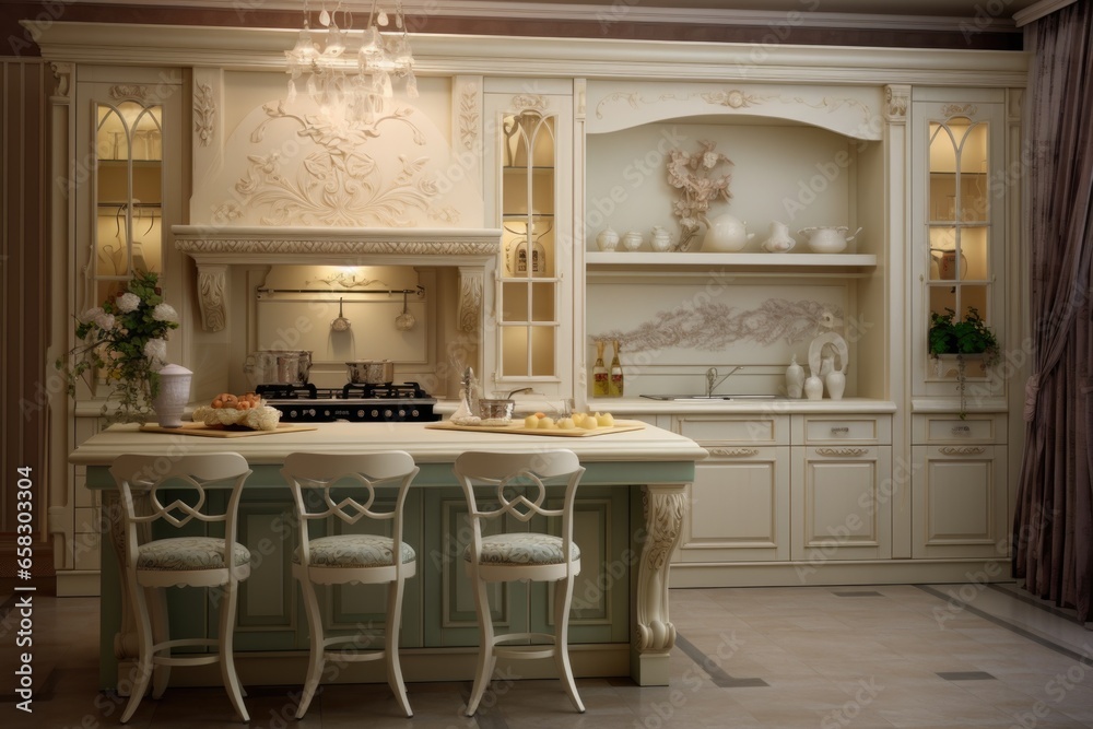 Luxury classic modern kitchen in eggshell color or luxury beige. 