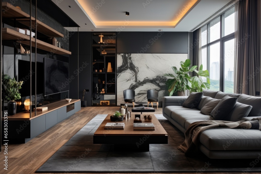 custom made wallpaper toronto digitalModern interior design, in a spacious room, next to a table with flowers against a gray wall.
Bright, spacious room with a comfortable sofa, plants and elegant accessories.