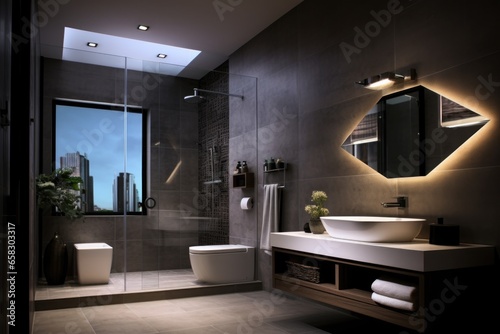 View of luxurious bathroom with bathtub  WC  toilet and armchair at night