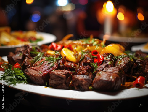 A delectable plate of grilled meat presented at a wedding or restaurant buffet  inviting guests to savor the culinary delights of the occasion.