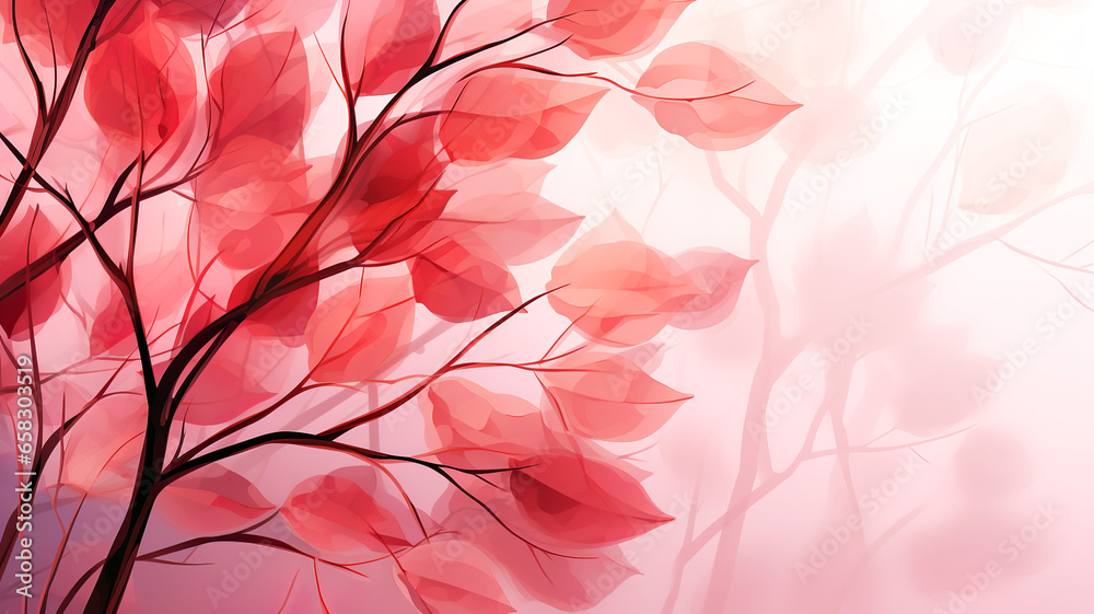 Pink leaves on branches with blurred background. Background concept. Background, wallpaper and copy space. AI generated.