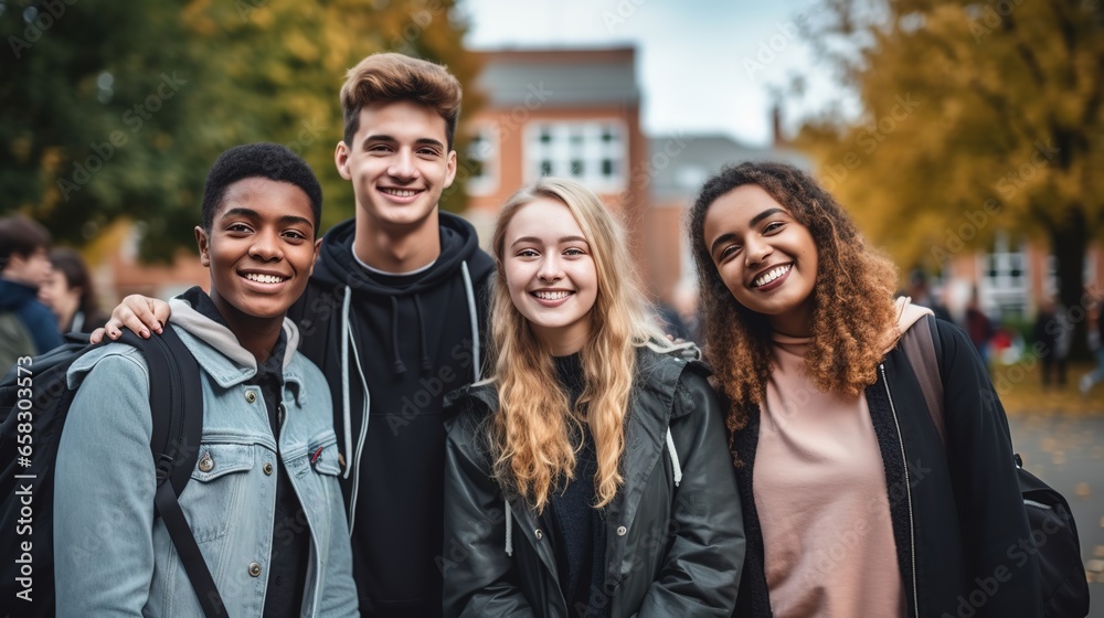 Young people of various cultures smile at the camera. University students stand together on a college campus. Happy friends having fun together on a college campus. Friendship and way of life.