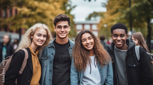 Young people of various cultures smile at the camera. University students stand together on a college campus. Happy friends having fun together on a college campus. Friendship and way of life.