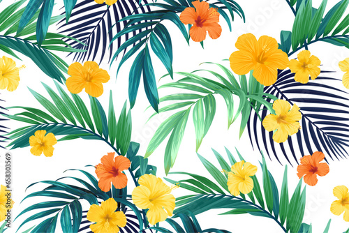 Summer tropical seamless pattern with palm leaves and hibiscus flowers. Textile floral fashion design, vector illustration.