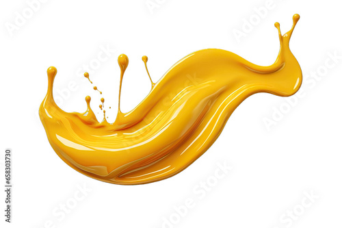 mustard splash with droplets and bubbles, isolated on a transparent background in PNG format. Mustard is flowing.
