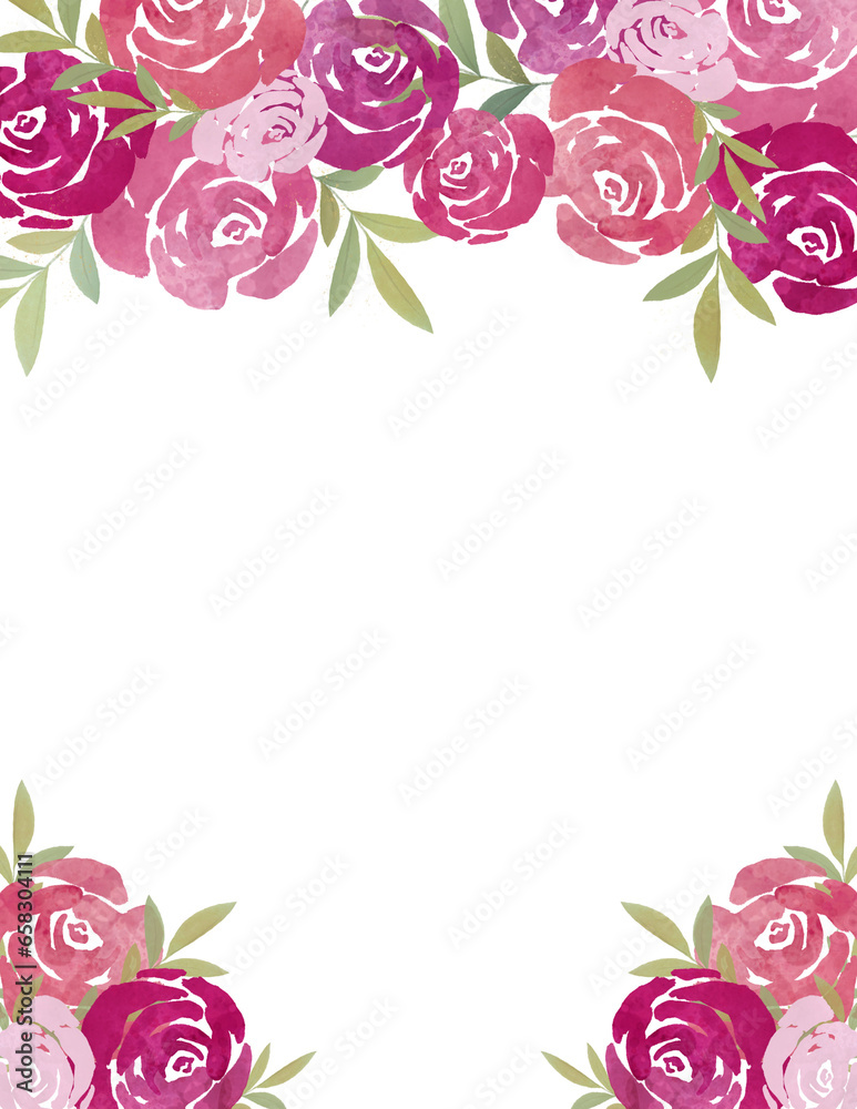 Elegant Botanical Watercolor Florals Pink & Purple Shades Rose Flowers & Greenery Leaves Border Frame Transparent Background PNG