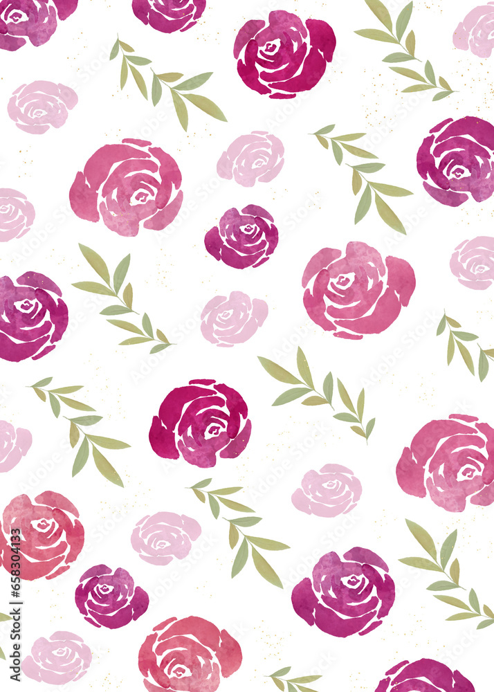 Elegant Botanical Watercolor Florals Pink & Purple Shades Rose Flowers & Greenery Leaves Pattern Transparent Background PNG