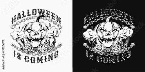 Halloween infernal label in steampunk style with pumpkin head, rusty gears, rough chains, fire. Creative fantasy concept. Black and white illustration in vintage style