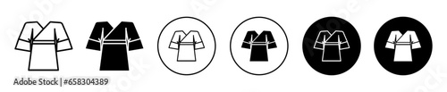 Japanese kimono icon. Japan traditional judo martial art dress cloth symbol set. Japanese kimono art practice wear vector sign. Karate combat kimono uniform line logo