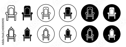 Royal throne icon. Elegant and luxury prince of queen royal throne symbol set. Classic ancient time Armchair with crown of king vector sign. Antique Monarchy Throne chair or sofa furniture line logo. 