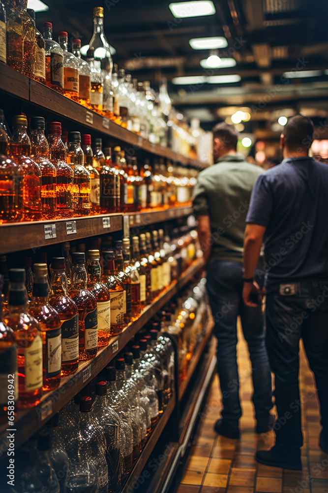 Two men looking at bottles of alcohol in a store. - obrazy, fototapety, plakaty 