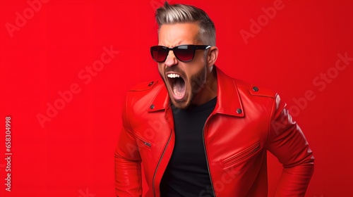 Aggressive Man Screaming in Red Studio Shot, Crimson Fashion