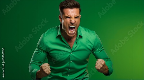 Man Shouting in Green Bright Studio Shot