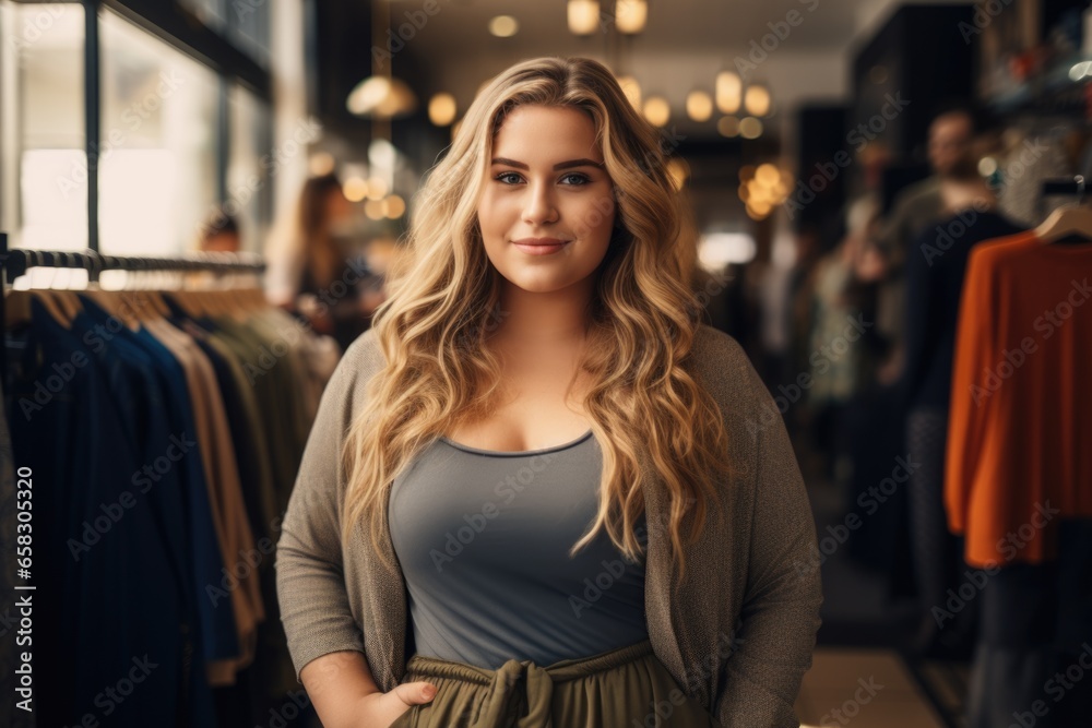 Portrait of an oversized blonde woman in casual clothes in the background of a boutique.