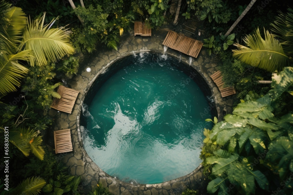 Top view of the circular pool with wooden sunbeds in the rainforest. - obrazy, fototapety, plakaty 