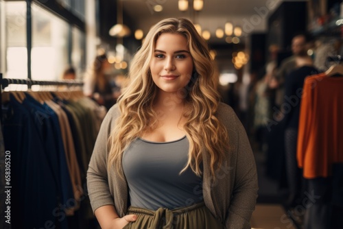 Portrait of an oversized blonde woman in casual clothes in the background of a boutique.